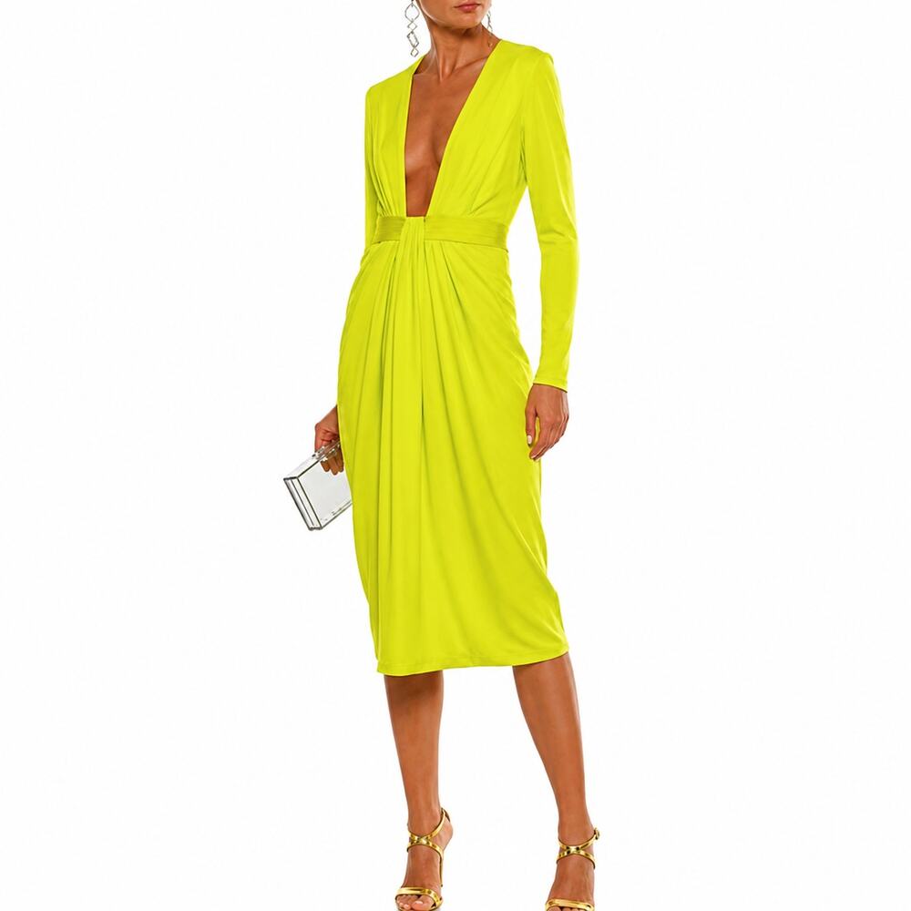 Cushnie Et Ochs Neon Deep V-Neck Midi Evening Dress Yellow 6